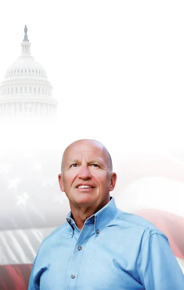 A photograph of Congressman Kevin Brady, superimposed on a composite photo of the U.S. Capitol Building and the American Flag.