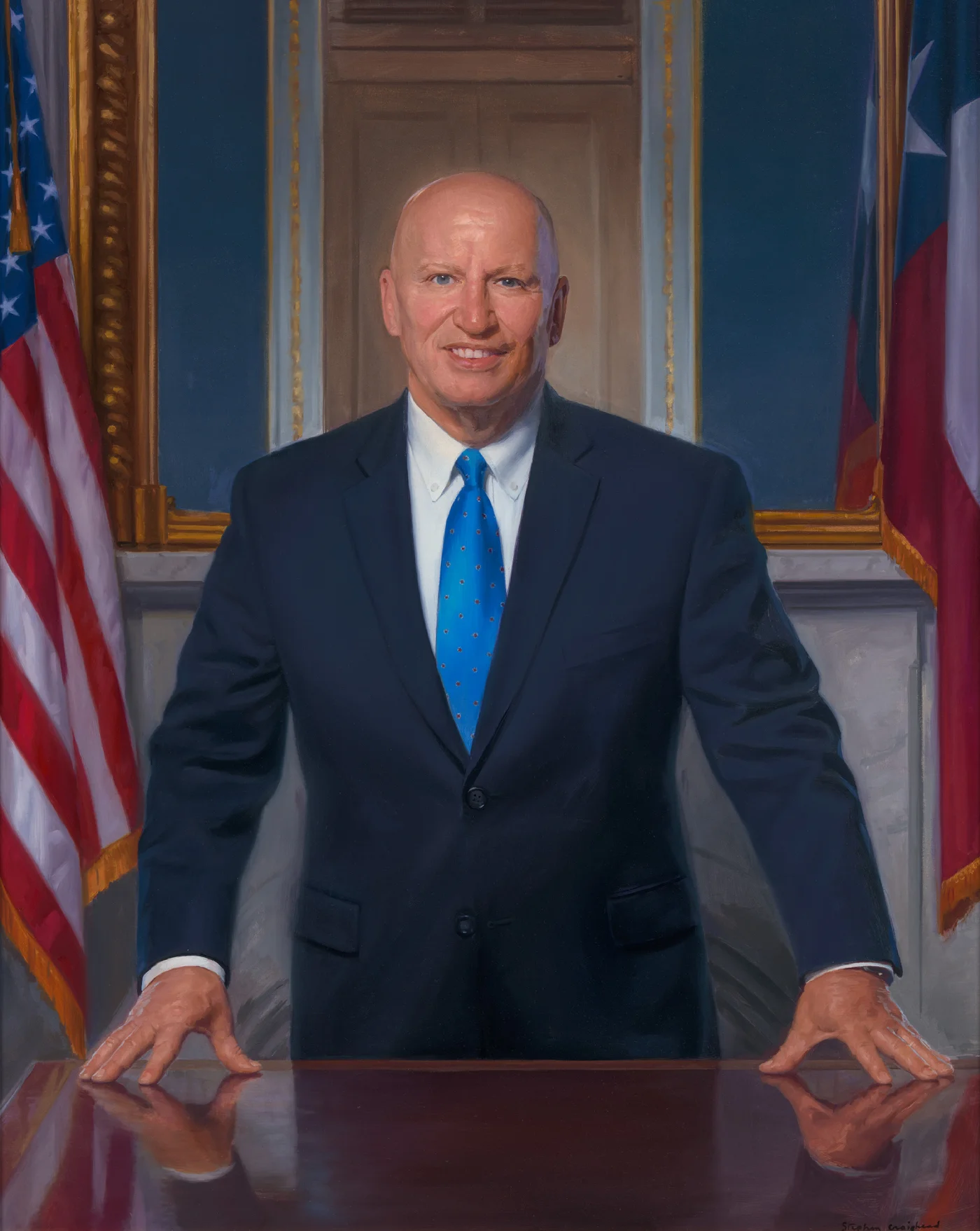 Congressman Brady's official congressional portrait, in oils. He stands at a polished desk, flanked by U.S. and Texas flags.
